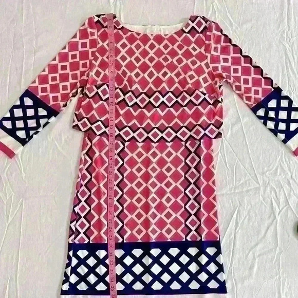 Donna Morgan dress, pretty fuchsia, coral, navy print, sz 10, with drop waist. - Picture 4 of 8